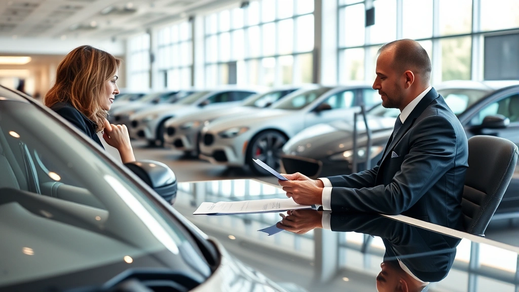 Luxury car showroom interior with professional sales consultant reviewing documentation with customer at desk, natural lighting, upscale automotive retail environment, no signage or text visible