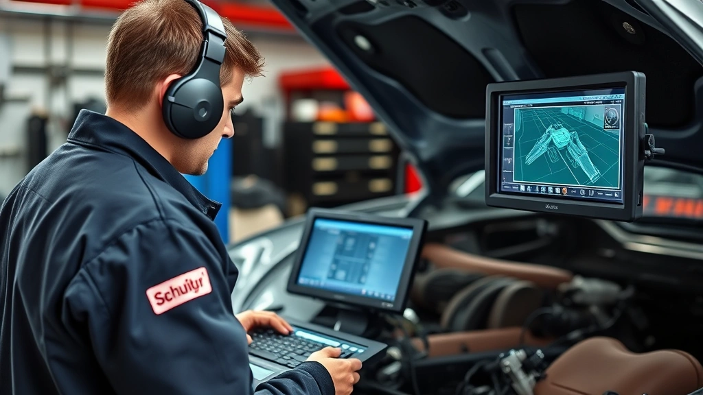 Mechanic performing diagnostic inspection on performance vehicle using computer scanning equipment, professional garage setting with tools visible, focused technical work environment, no text on screen