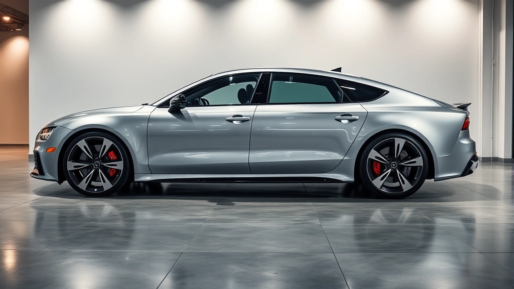Luxury silver Audi RS7 sedan parked in modern showroom with professional lighting, clean concrete floor, minimalist background, professional automotive photography style