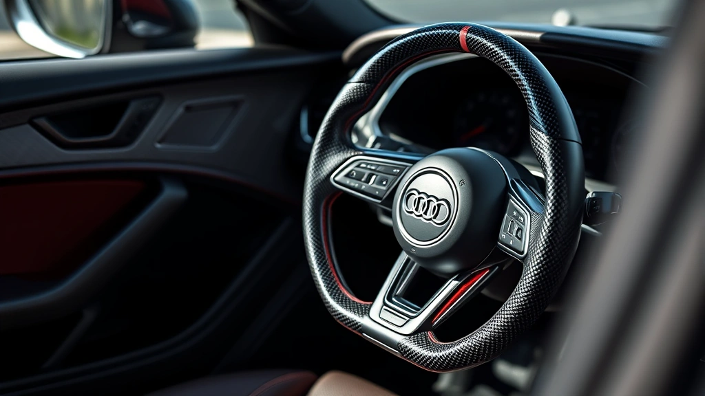 Close-up detail of Audi RS7 carbon fiber interior trim and leather steering wheel, showing premium craftsmanship and high-end materials in natural daylight