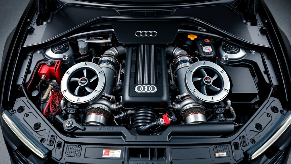 Audi RS7 high-performance twin-turbocharged engine compartment with visible turbochargers and detailed mechanical components, professional automotive studio lighting