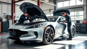 Professional automotive mechanic performing detailed inspection on sleek silver sports sedan in bright modern garage with diagnostic equipment, natural lighting highlighting vehicle condition and quality workmanship