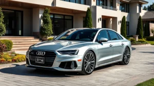 Luxury performance sedan Audi S8 parked on pristine driveway, silver metallic finish, modern mansion background, professional automotive photography, daytime lighting