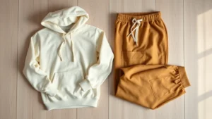 Overhead flat lay of neatly folded Aviator Nation-style oversized hoodies and sweatpants in neutral tones (cream, gray, tan) on a light wooden surface with soft natural lighting, showing fabric texture and quality, lifestyle retail presentation