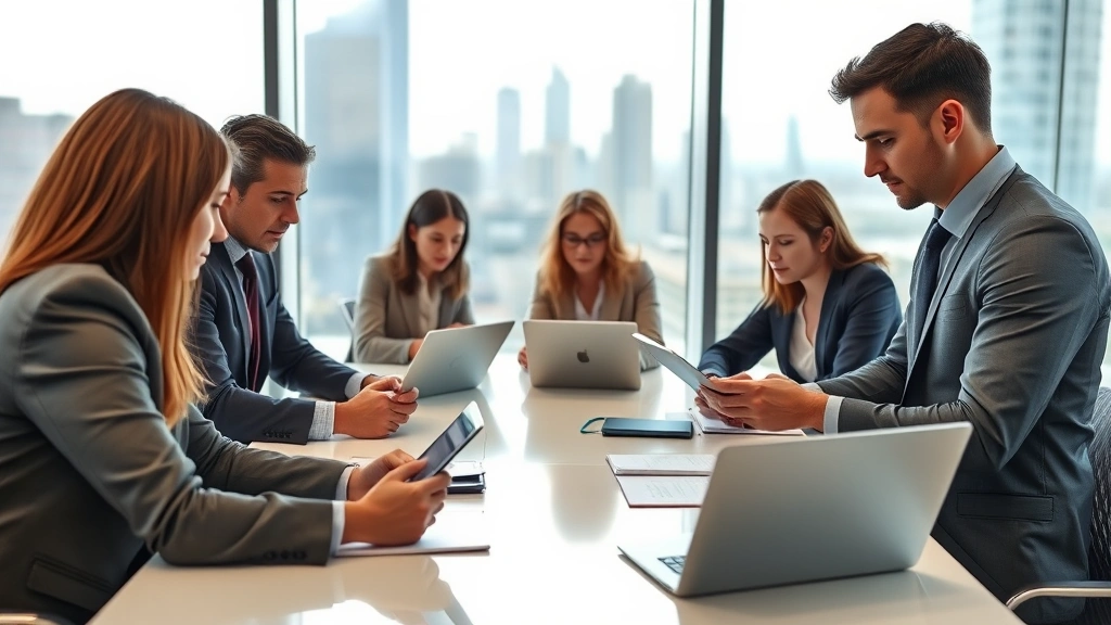 Professional business meeting with diverse executives reviewing data on tablets and laptops around conference table, focused serious expressions, modern office setting with city skyline background