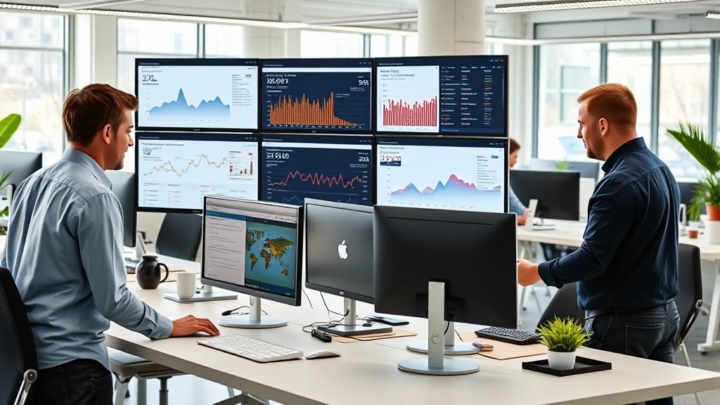 Sales team collaborating at standing desk with multiple monitors displaying CRM dashboards, charts, and pipeline data, energetic productive atmosphere in bright office space