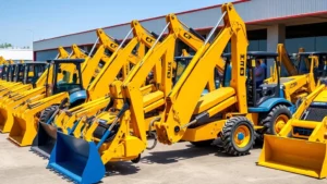 Heavy equipment yard with multiple yellow and blue backhoes lined up for sale, showing various sizes from compact mini models to full-size machines, bright daylight, professional commercial setting