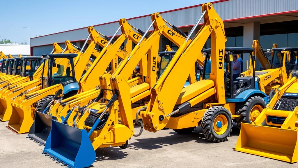 Heavy equipment yard with multiple yellow and blue backhoes lined up for sale, showing various sizes from compact mini models to full-size machines, bright daylight, professional commercial setting