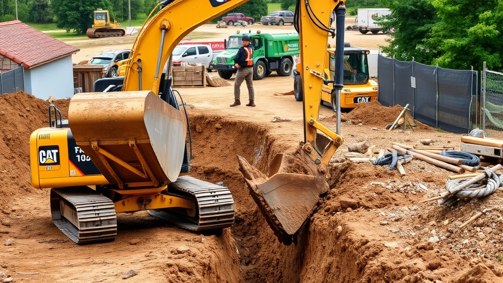 Backhoe actively working on construction site excavating trench with bucket fully extended, demonstrating digging depth and reach capabilities, surrounded by construction materials and equipment, realistic working conditions