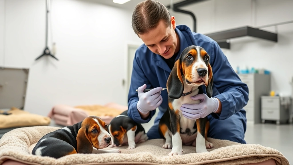 Professional dog breeder examining healthy basset hound puppies in a clean, modern facility with proper lighting and comfortable bedding