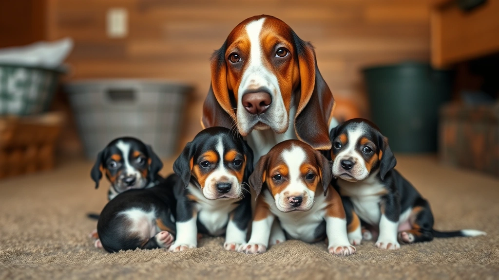 Basset hound mother dog with litter of puppies in spacious, well-maintained breeding environment showing quality living conditions