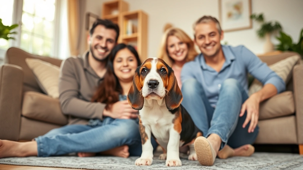 Happy family with basset hound puppy in home living room, demonstrating successful adoption and proper integration into family environment