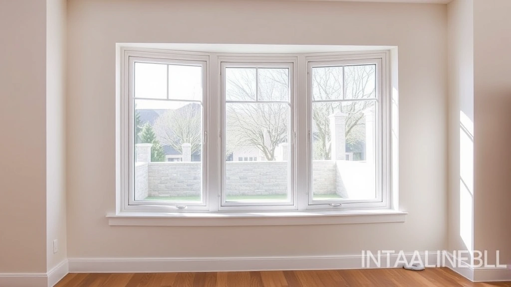 Professional photograph of a modern bay window installation in a contemporary home, showing three-panel vinyl bay window with double-pane glass, white frame, interior view with natural light flooding into bright living room, wooden flooring visible, no signage or text