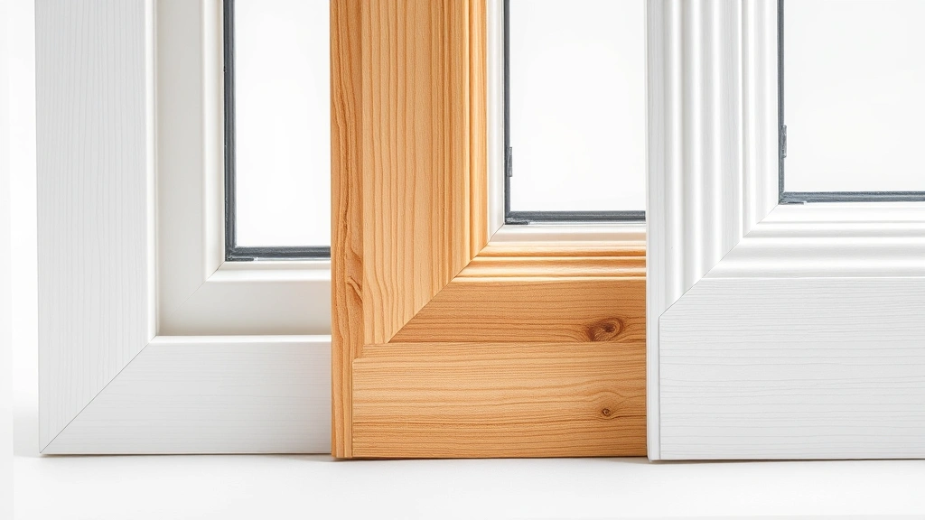 Close-up product photography of bay window frame materials comparison - vinyl, wood, and fiberglass frame samples arranged side by side on neutral background, showing texture and finish differences, professional lighting, no labels or text visible