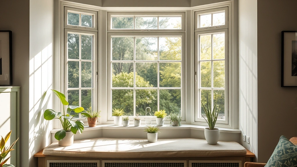 Interior design photograph showcasing bay window functionality in a residential setting - large bay window with garden sill containing plants, cushioned window seat, natural light creating shadows on walls, cozy living space aesthetic, no text or signage