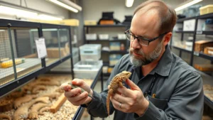 Professional reptile breeder examining a young bearded dragon in a well-organized breeding facility with climate-controlled enclosures and documentation systems visible in background
