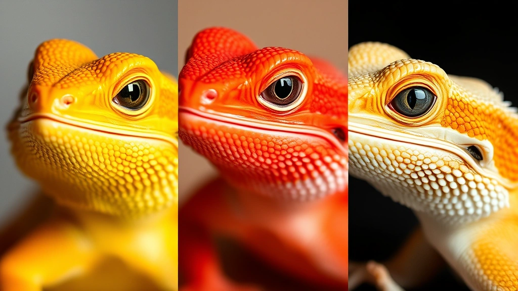 Close-up comparison of three different bearded dragon color morphs displaying vibrant citrus, red, and hypo variations with clear details of skin texture and eye clarity