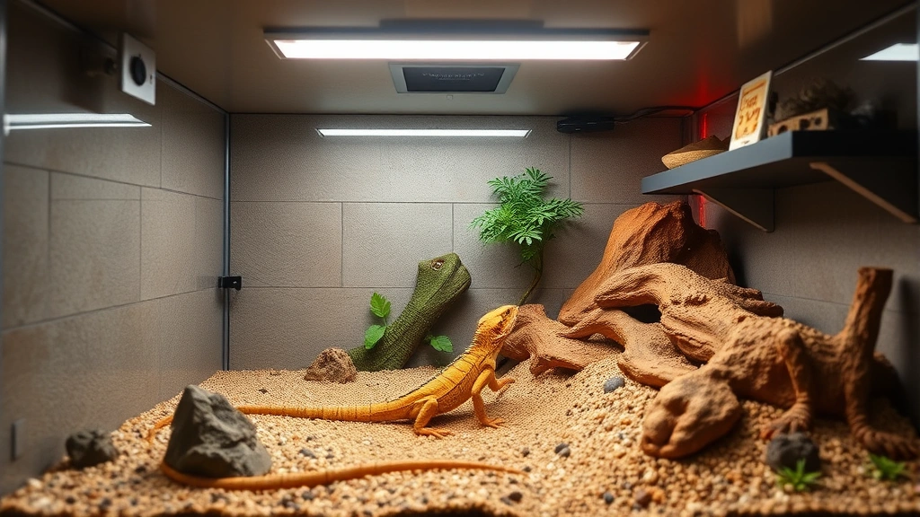 Spacious, professionally designed bearded dragon enclosure with proper UVB lighting, temperature zones, naturalistic décor, and thermal gradient setup demonstrating optimal care standards