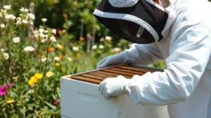 Professional beekeeper in white protective suit carefully inspecting wooden frames inside a white beehive in a sunny garden setting with blooming flowers in background, natural daylight, peaceful apiary environment