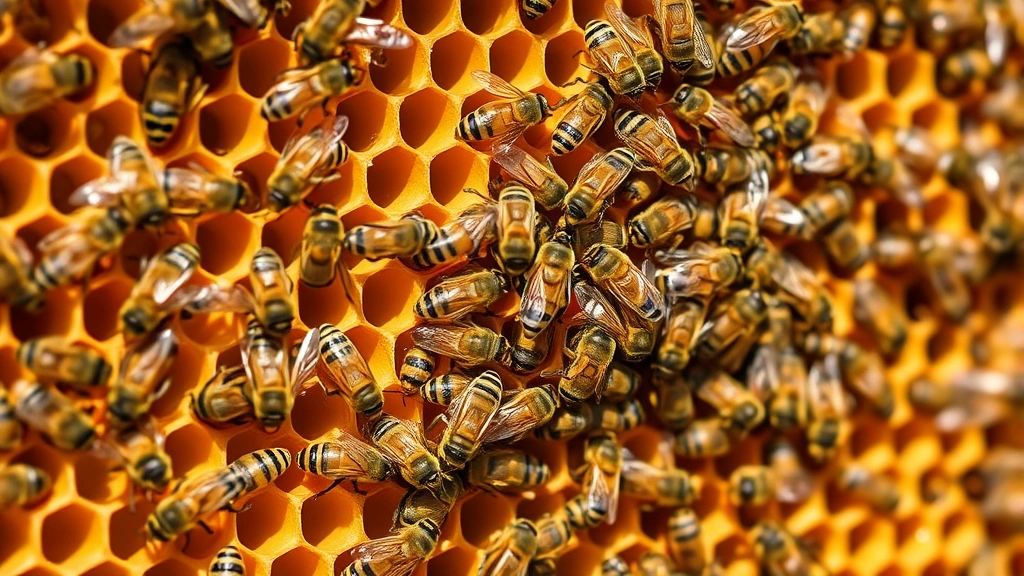 Close-up of worker bees clustered on honeycomb frame showing different life stages including capped brood cells, bee activity, and healthy colony structure with natural warm lighting
