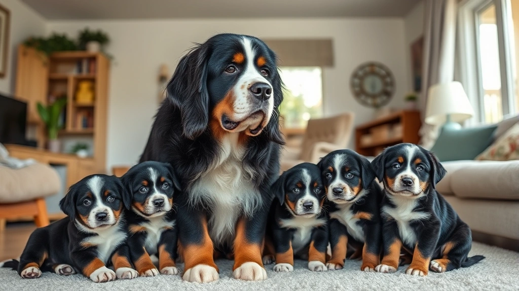 Professional Bernese Mountain Dog breeder in home setting with adult dog and puppies in clean, well-lit living space, showing responsible breeding environment