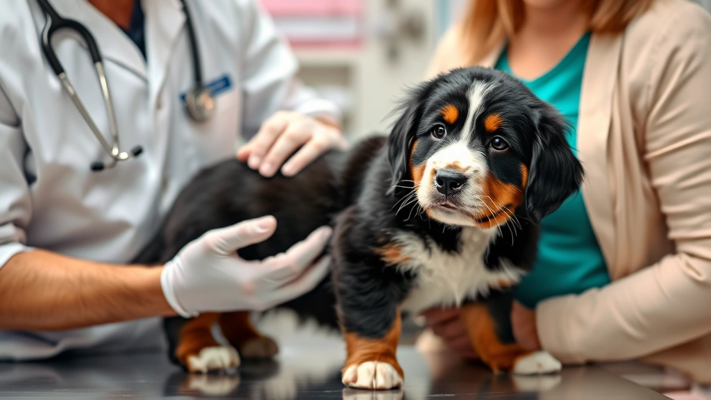 Veterinarian performing health examination on Bernese Mountain Dog puppy with owner present, displaying professional medical care and health certification process