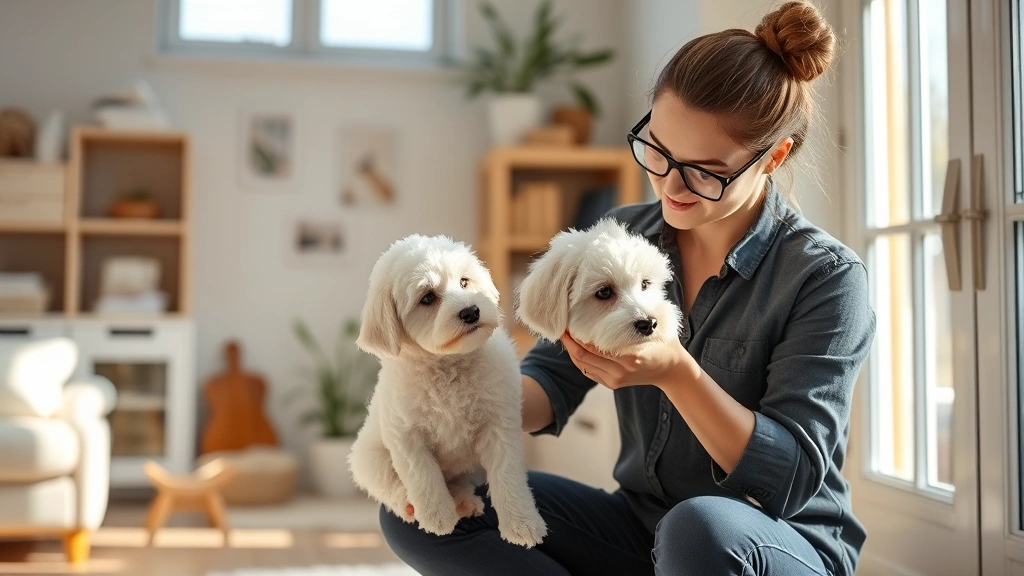 Professional breeder inspecting a white fluffy Bichon Frise puppy in a clean, well-lit home environment with proper socialization setup, natural daylight through windows