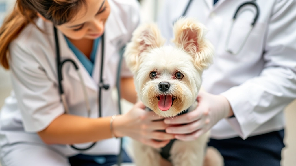 Veterinarian conducting health examination on alert Bichon Frise dog, with medical equipment visible, professional clinic setting, compassionate care demonstration