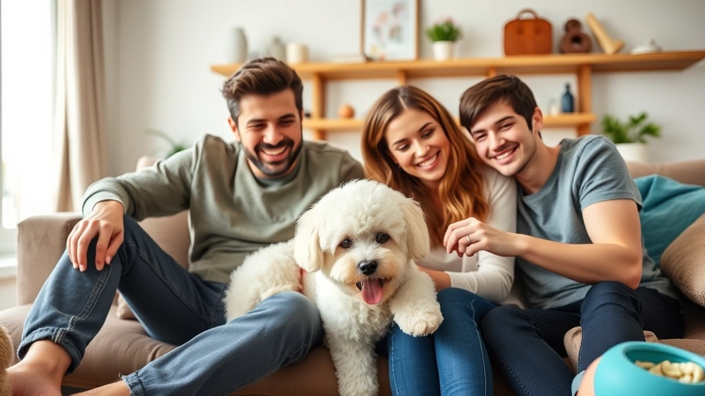 Happy family with adopted adult Bichon Frise in living room, genuine expressions of joy and bonding, comfortable home environment with dog toys and care items visible