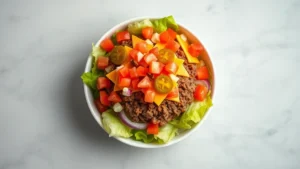 Professional overhead shot of a vibrant Big Mac salad in a white bowl with crispy lettuce, seasoned ground beef, melted American cheese, fresh diced tomatoes, pickles, and red onions, appetizing and restaurant-quality presentation