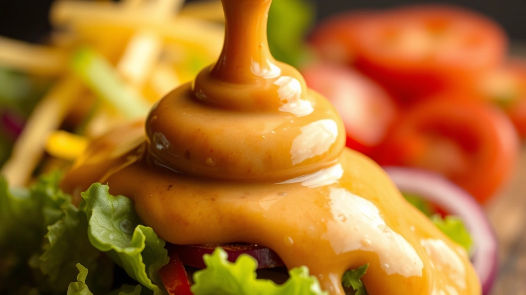 Close-up of creamy Big Mac special sauce being drizzled over fresh salad ingredients, showing the sauce's rich caramel color and glossy texture, with blurred salad components in background