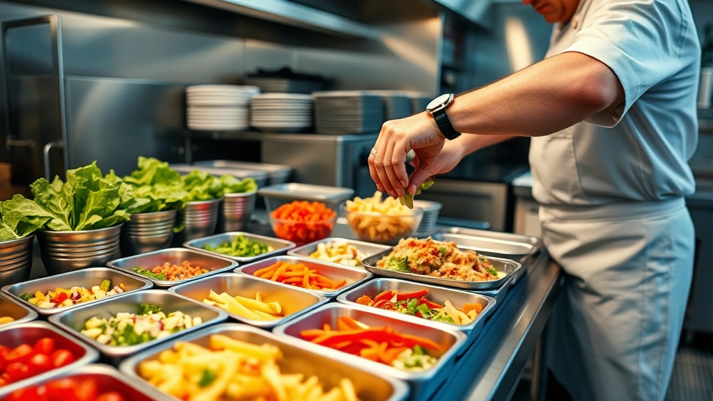 Commercial kitchen scene with organized salad preparation station showing portioned ingredients in metal containers, chef assembling a Big Mac salad with precision, professional foodservice environment with stainless steel equipment