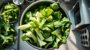 Professional overhead shot of fresh romaine lettuce being tossed in a stainless steel bowl in a bright commercial kitchen, vibrant green leaves catching natural light