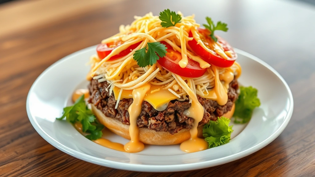Elegant plated big mac salad on white ceramic plate with layered components: seasoned beef, shredded cheese, pickles, tomatoes, special sauce drizzle, fresh parsley garnish, restaurant-quality presentation