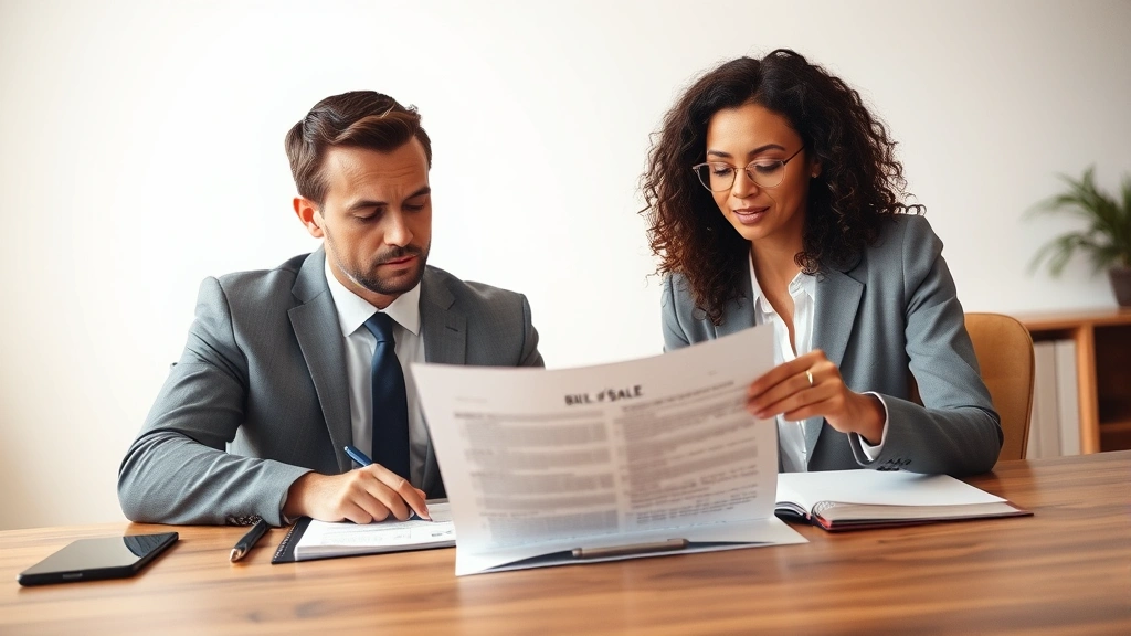 Professional businessman and woman at wooden desk reviewing bill of sale document with pen, serious focused expression, morning office lighting, neutral background