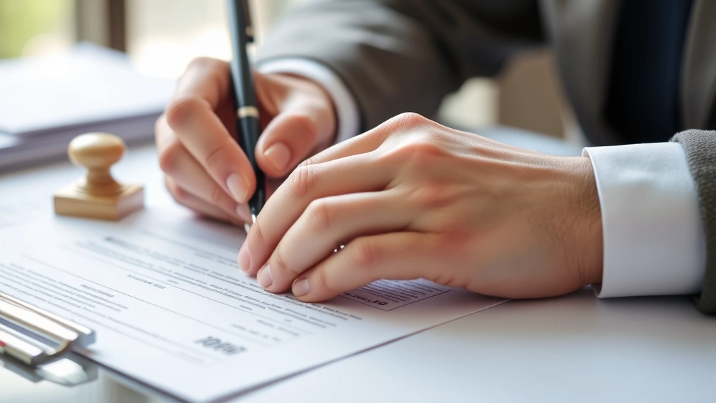 Close-up of hands signing official bill of sale form with notary stamp visible, blue ink pen, organized paperwork, professional office setting, natural lighting