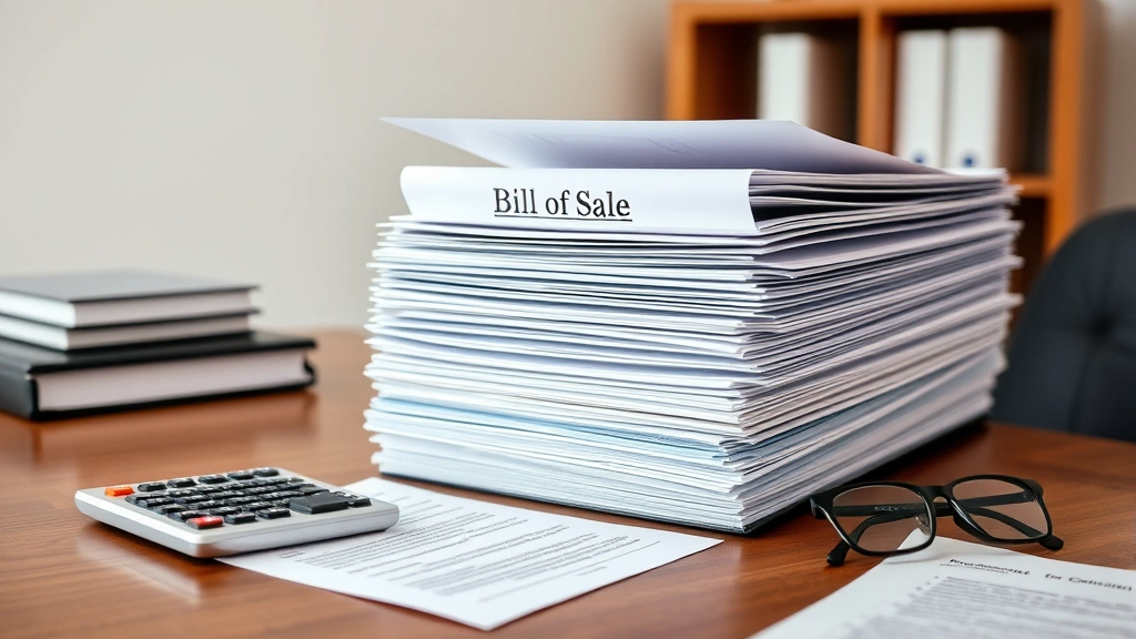 Organized file folders containing legal bills of sale documents stacked neatly on mahogany desk with calculator and glasses, clean minimalist office environment