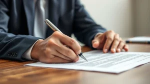 Close-up of a professional signing a bill of sale document at a wooden desk with pen in hand, formal business attire visible, neutral office background
