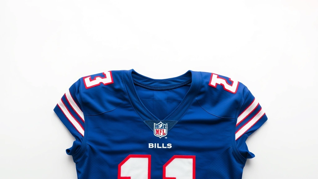 Professional product photography of a blue NFL Bills jersey laid flat on a white surface, showing front logo, number details, and quality stitching clearly visible, commercial photography style