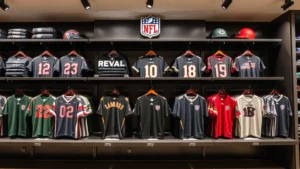 Professional sports merchandise display featuring premium NFL team apparel arranged on modern retail shelving with dramatic lighting, showcasing high-quality fabric textures and authentic branding elements