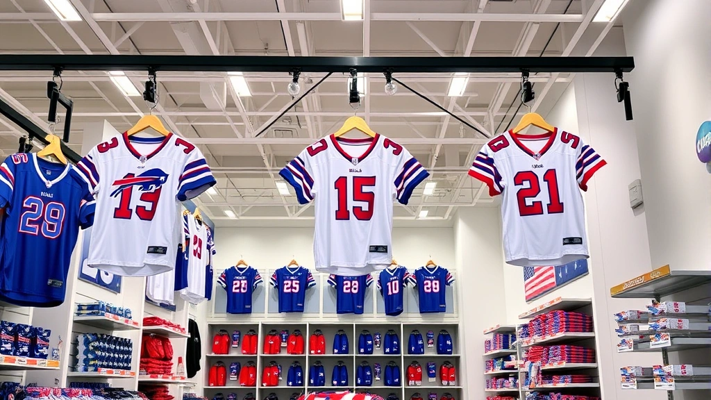 Organized retail display of multiple Bills jerseys hanging on professional fixtures in a modern sporting goods store with clean white walls and professional lighting