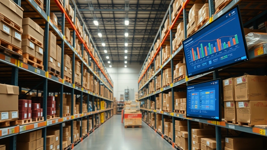 E-commerce warehouse fulfillment center with organized inventory bins and digital inventory management screens showing real-time stock tracking and product organization systems
