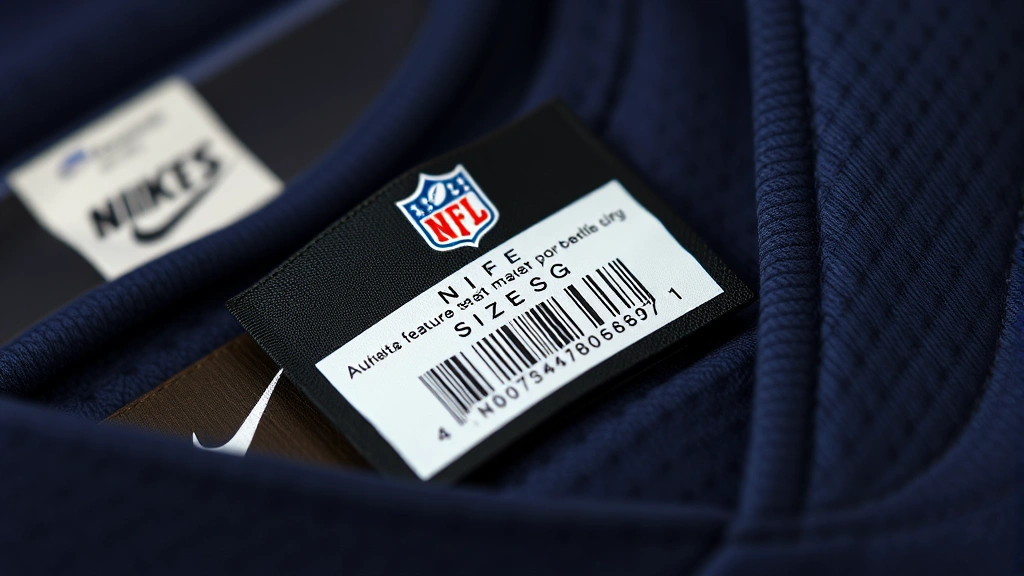 Close-up detail shot of authentic NFL jersey tag showing security features, Nike branding, size information, and barcode with professional macro photography