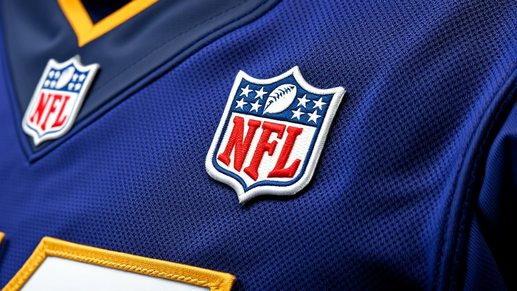 Close-up detail shot of authentic sports jersey stitching quality, showing professional embroidery work, official NFL patch placement, and premium fabric texture under studio lighting