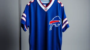 Professional product photography of authentic NFL Bills jersey hanging on modern display stand, close-up showing intricate stitching details and logo embroidery, studio lighting highlighting fabric texture and quality craftsmanship, neutral background