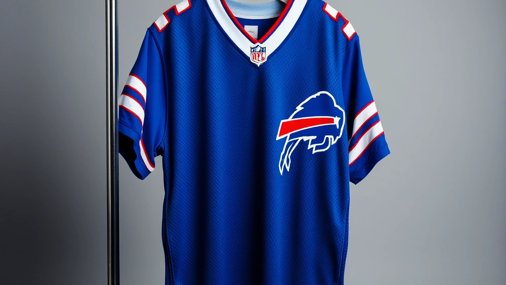 Professional product photography of authentic NFL Bills jersey hanging on modern display stand, close-up showing intricate stitching details and logo embroidery, studio lighting highlighting fabric texture and quality craftsmanship, neutral background