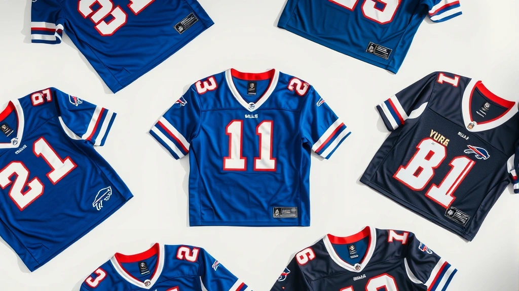 Overhead flat lay composition of multiple Bills rivalry jerseys in different styles and eras arranged on clean white surface, showing size tags and fabric variations, natural daylight illumination, organized retail display aesthetic