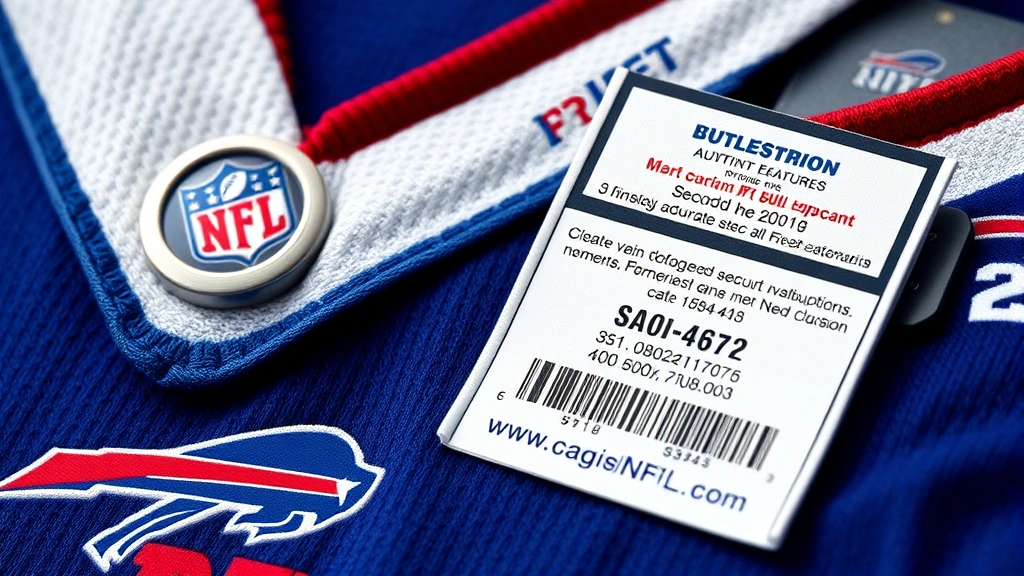 Detailed close-up macro photography of jersey authentication elements including hologram security features, official NFL tags, and serial numbers on premium Bills merchandise, professional studio setting with focused lighting on certification markers
