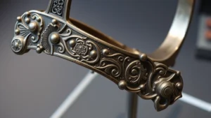 Close-up detail of ornate hand-forged steel spur with intricate engraving patterns and mounted rowel, showing fine metalwork craftsmanship on museum-quality display