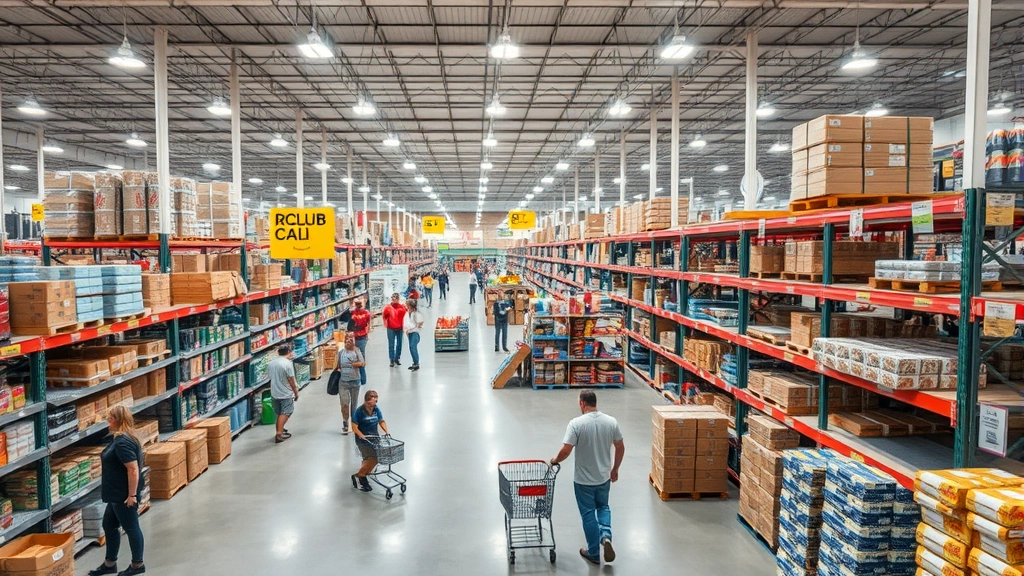 Aerial view of a modern warehouse club interior with organized merchandise aisles, customers shopping with carts, bright overhead lighting, and merchandise stacked efficiently on shelves and pallets, photorealistic retail environment